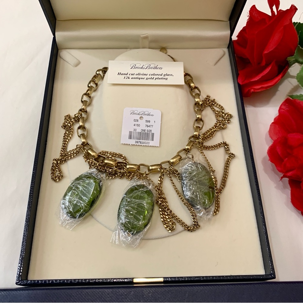 Brand New Brooks brothers handcut olivine colored glass 12k gold plating